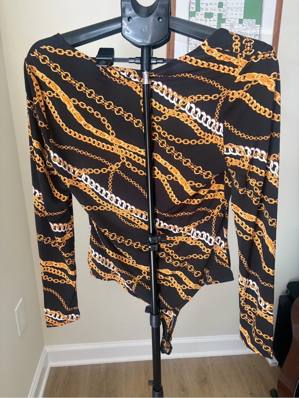 Kohl's Black Bodysuit with Gold Chain Print